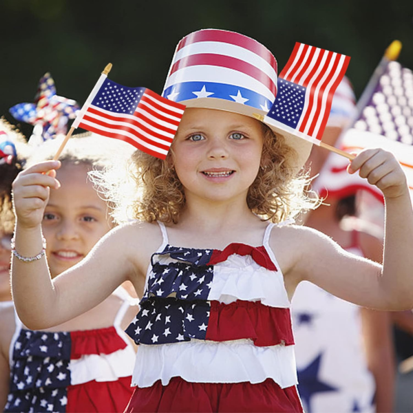 65 Pack American Flags Mini Hand Held- Wooden Stick 5.5" X 8" - Image 4