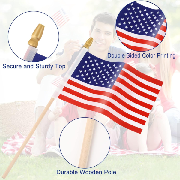 65 Pack American Flags Mini Hand Held- Wooden Stick 5.5" X 8" - Image 3